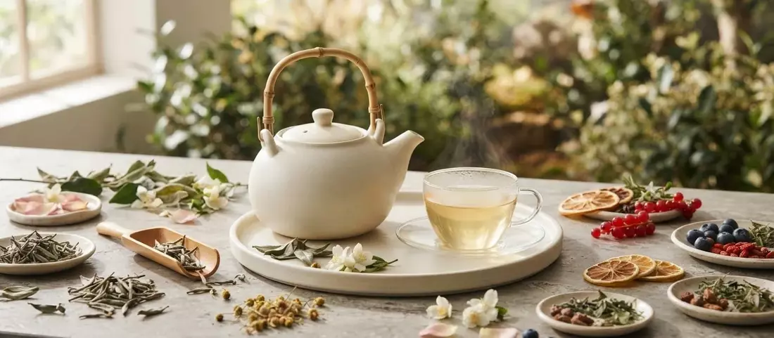 Tetera blanca y un vaso de té en un jardín, rodeados de tés a granel