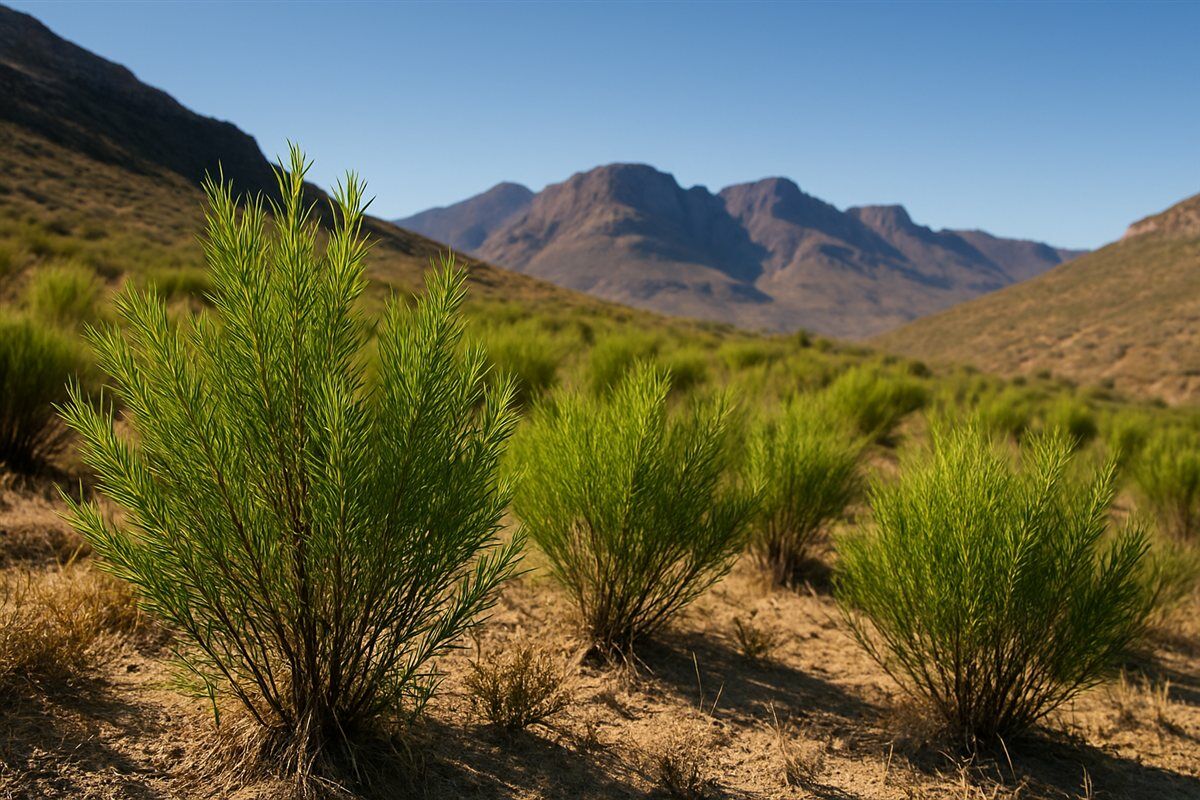 Rooibos bushes growing on a sunny hillside in the Cederberg mountains