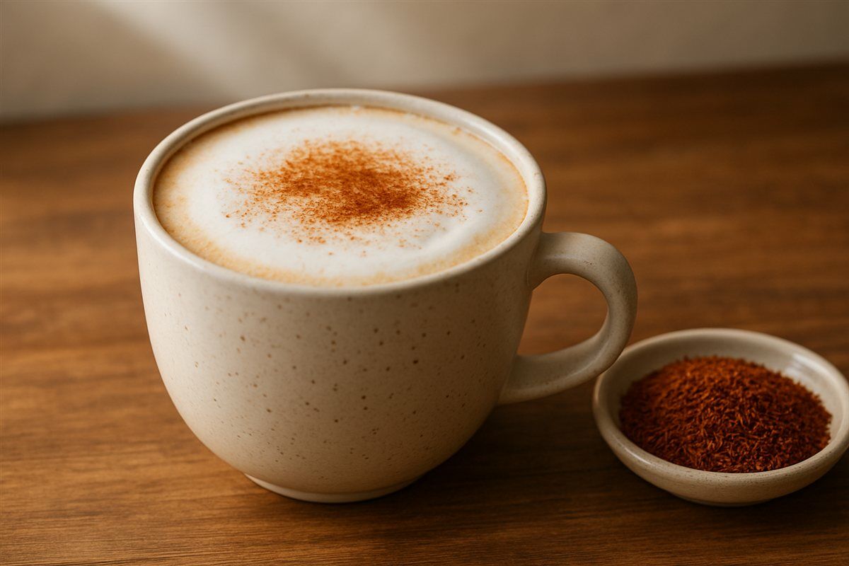 A rooibos latte with milk foam and cinnamon next to loose rooibos