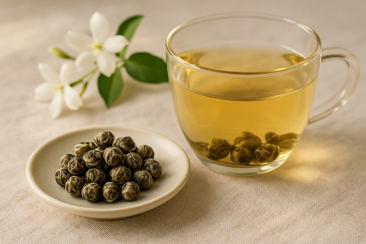 Perlas de jazmín del dragón enrolladas a mano junto a una taza de cristal con té dorado pálido y flores de jazmín