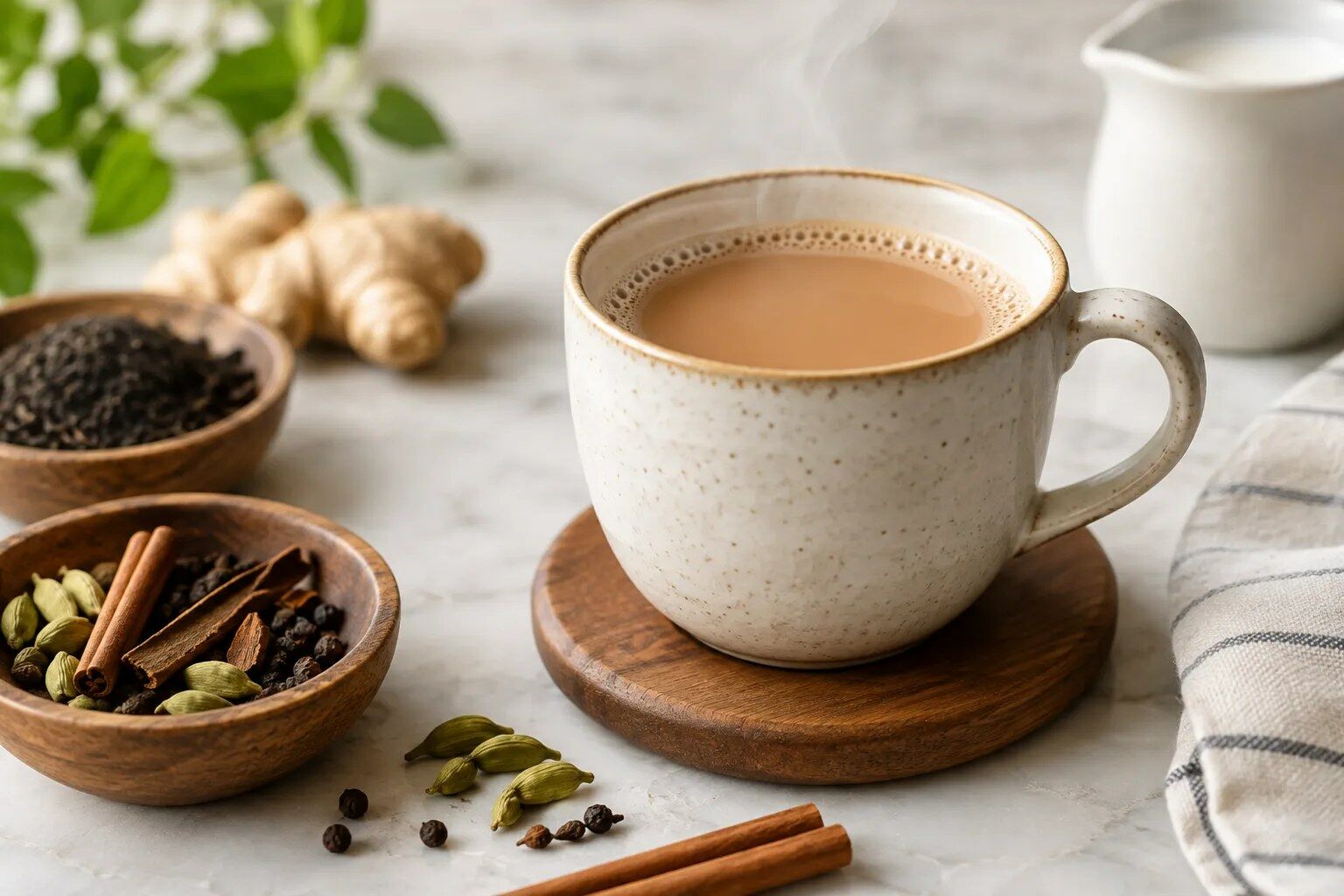Masala chai in a cup with whole spices