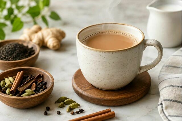 Masala chai in a cup with whole spices